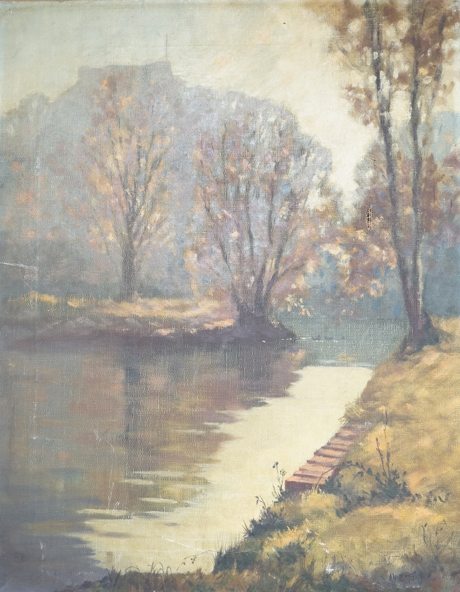 20th century school, oil on canvas, Riverscape, indistinctly signed, unframed, 51 x 40cm. Condition- fair